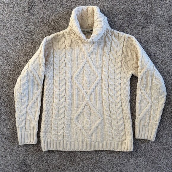 ARAN MOR Irish Merino Wool Cream/Ivory Cable Knit Turtleneck Sweater Large - Picture 2 of 9